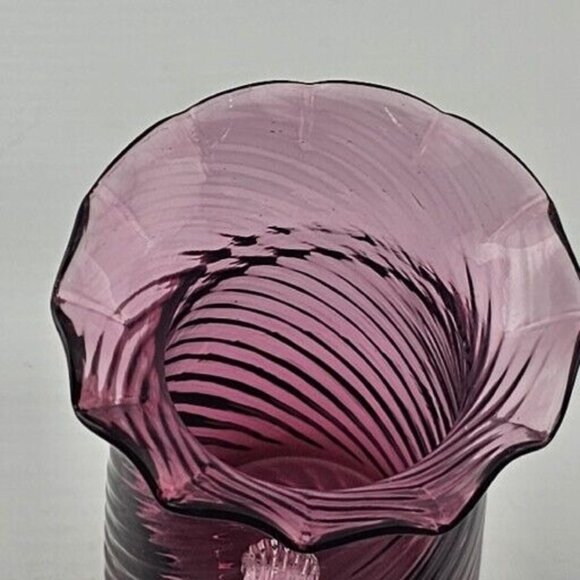 Pilgrim Glass Cranberry Swirl Pitcher Vase 3.5" clear handle ruffled rim texture - Picture 5 of 12
